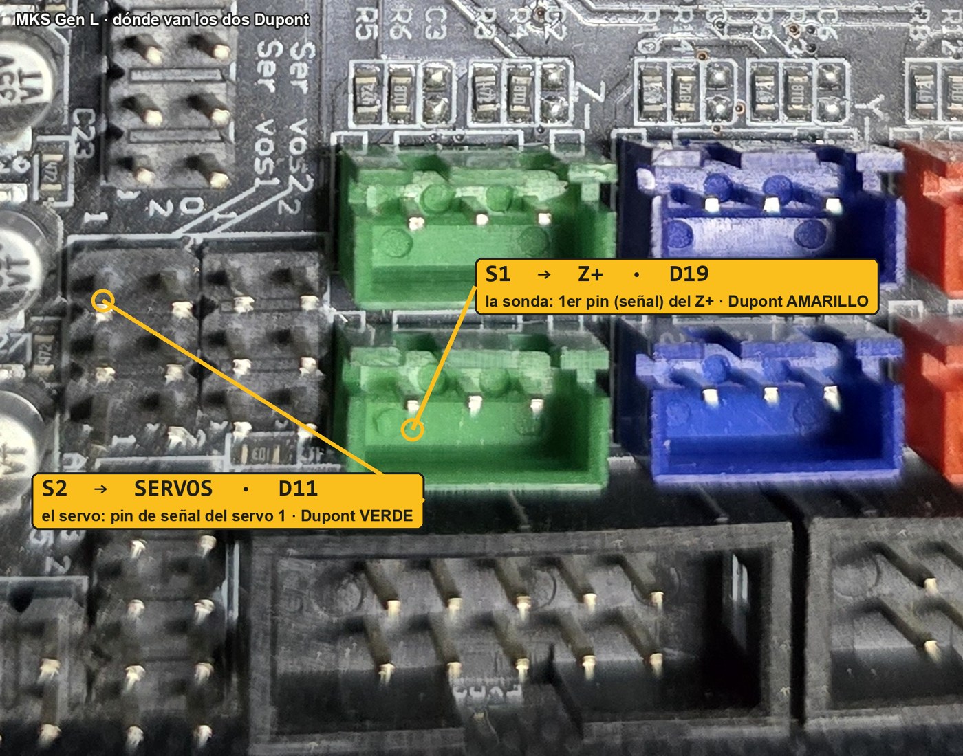 Detalle de la MKS Gen L con los dos pines marcados: S1 al pin de señal del conector Z+ (D19) y S2 al pin de señal del header SERVOS (D11)