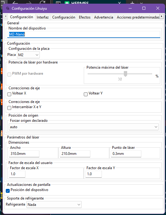 Ventana Configuración Lihuiyu de MeerK40t: dispositivo M2-Nano, placa M2, ancho 310 mm, altura 210 mm