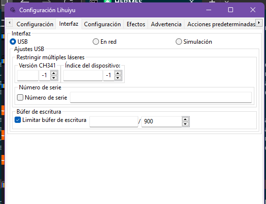 Pestaña Interfaz de MeerK40t: USB, versión CH341 -1 e índice del dispositivo -1