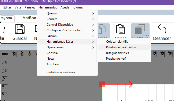 Menú Herramientas, Herramientas-Láser, Prueba de parámetros en MeerK40t