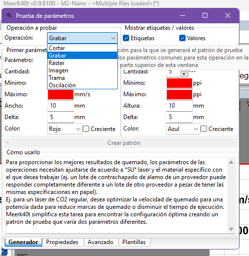Ventana Prueba de parámetros con el desplegable de operación abierto: Cortar, Grabar, Ráster, Imagen, Trama, Oscilación
