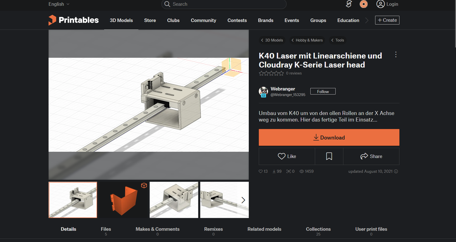 Página de Printables del modelo 73560: un carro impreso sobre una guía lineal, de Webranger